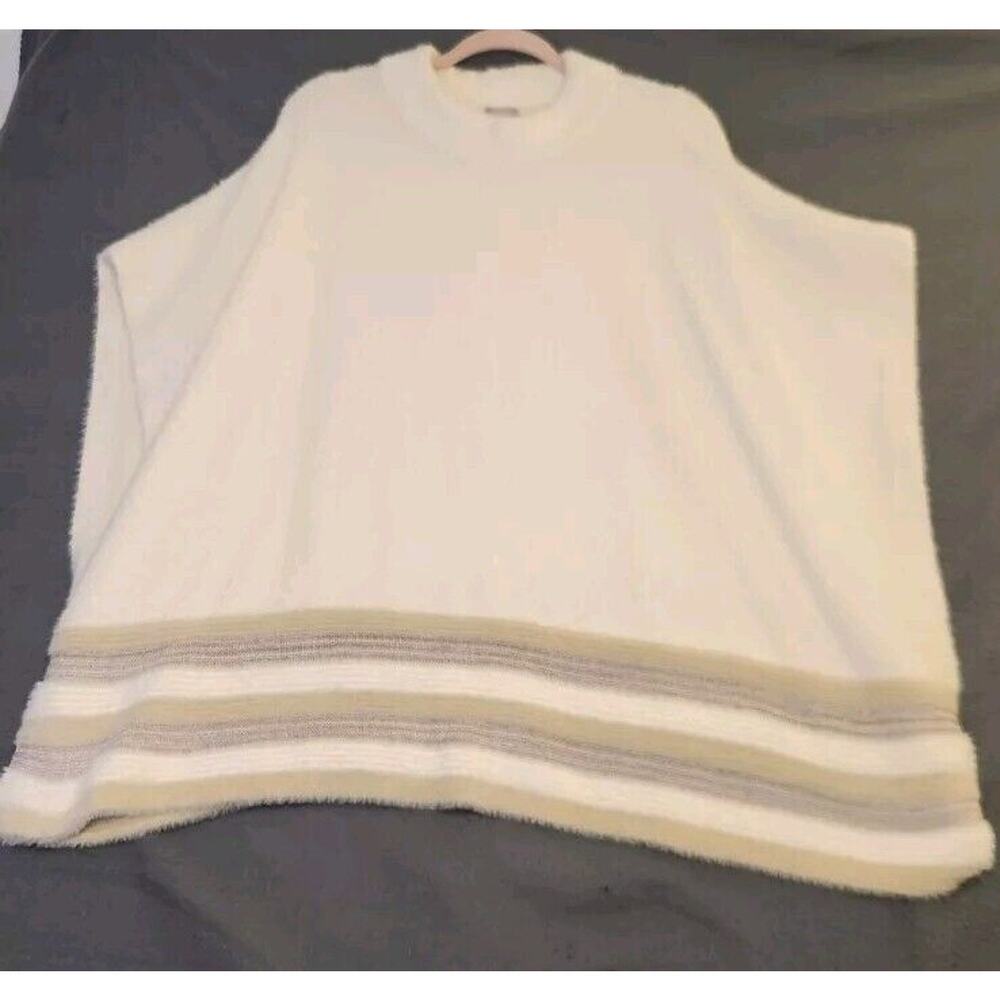 CHICOS Womens Size‎ L/XL Poncho Cape Sweater Ivory Tan Round Neck Fuzzy Cozy